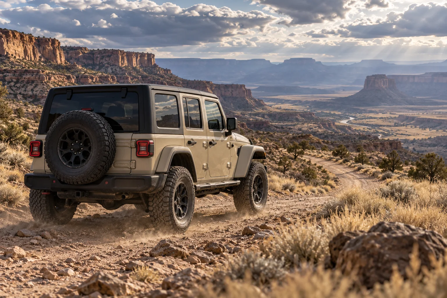 Sand-colored four-door off-road SUV on a high-desert trail